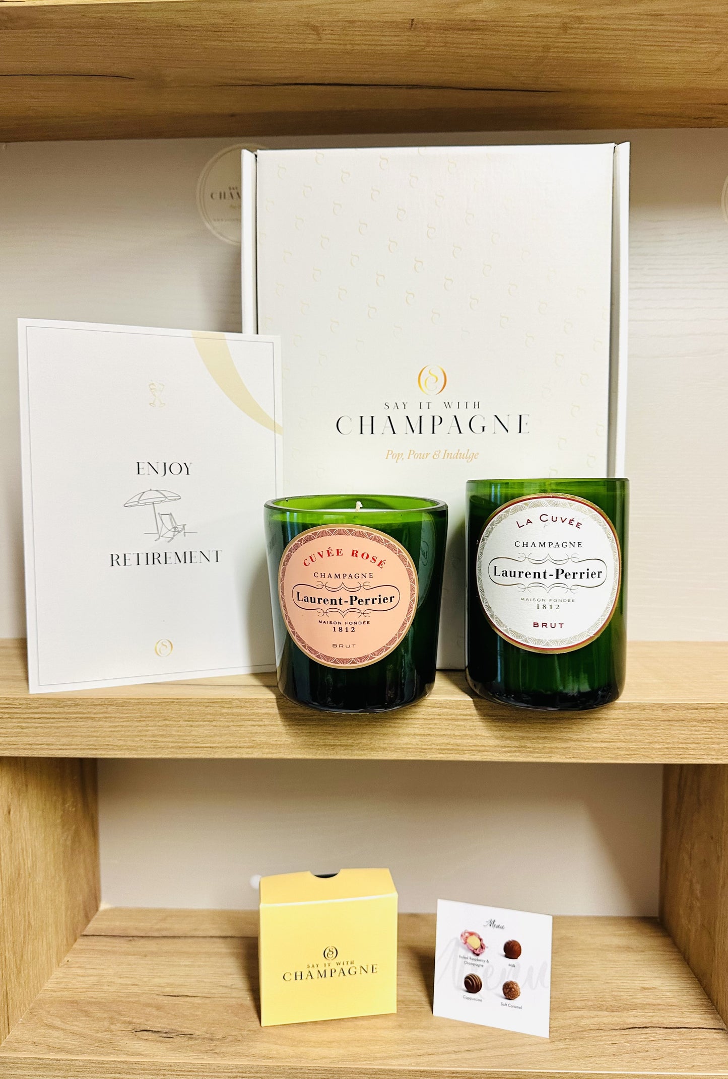 Laurent Perrier Duo Recycled Champagne bottles candle gift set