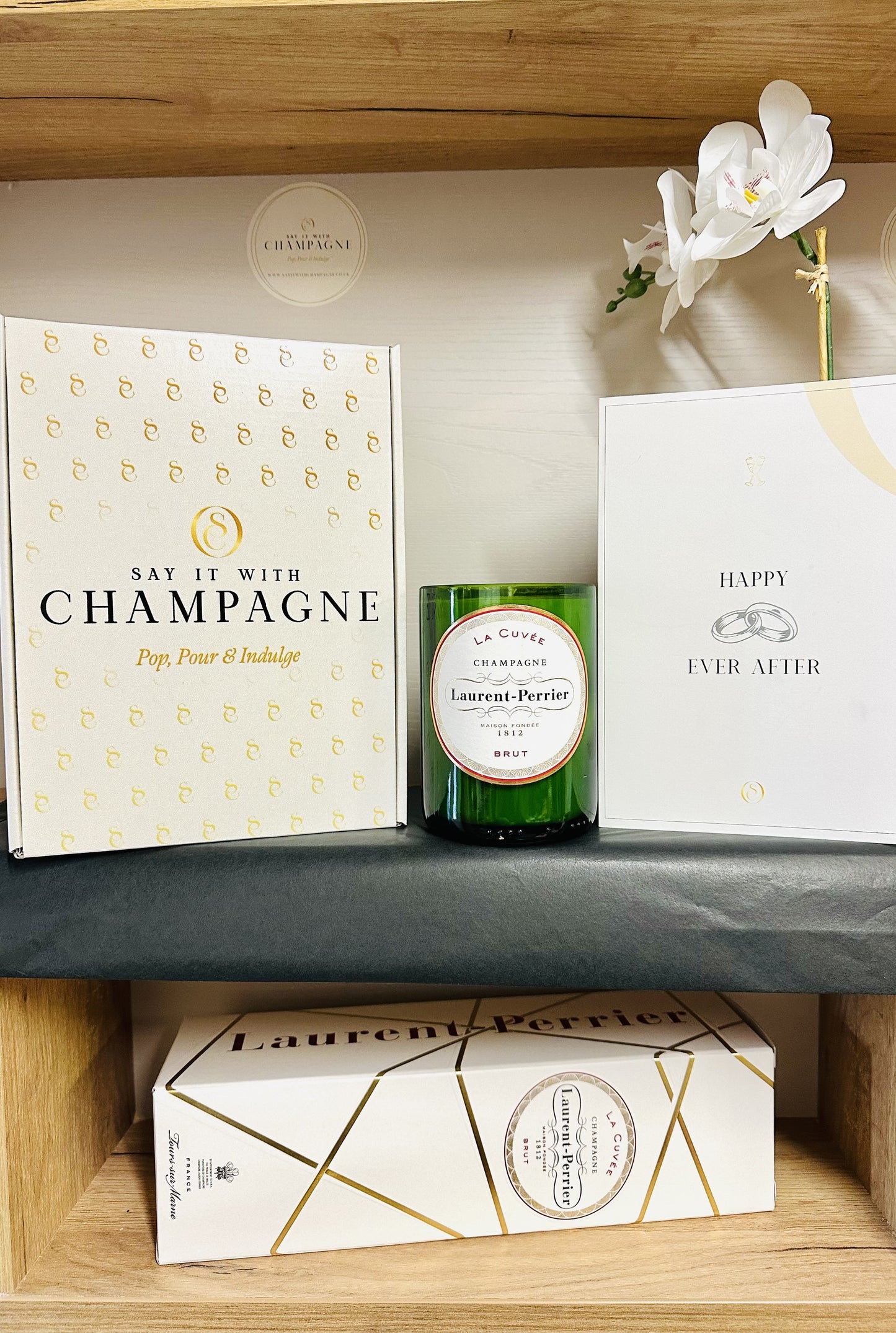 Laurent Perrier La Cuvée Brut Recycled Champagne bottle candle gift set