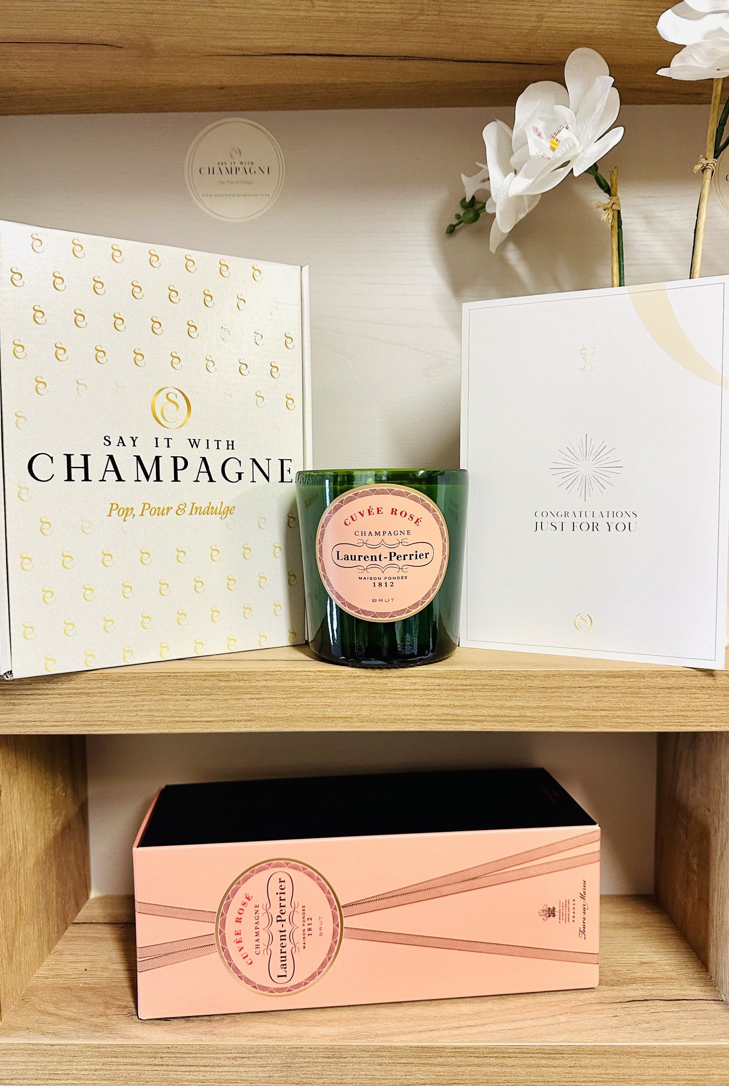 Laurent Perrier La Cuvée Rosé Recycled Champagne bottle candle gift set