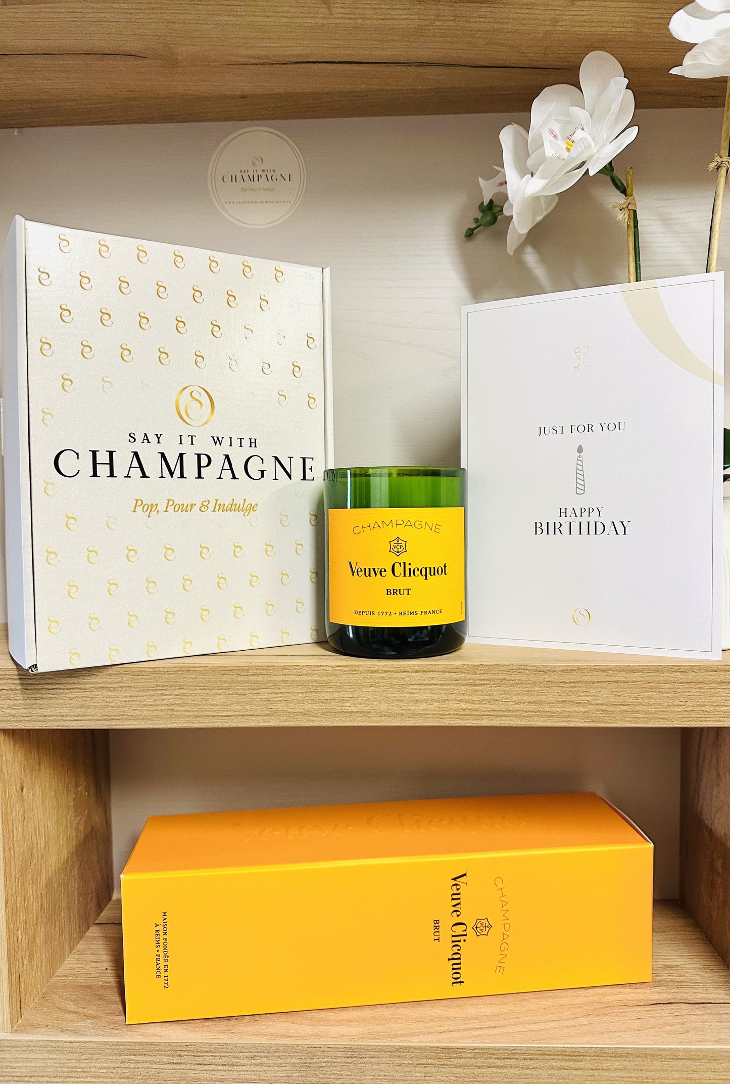 Veuve Clicquot Yellow Label Brut Recycled Champagne bottle candle gift set