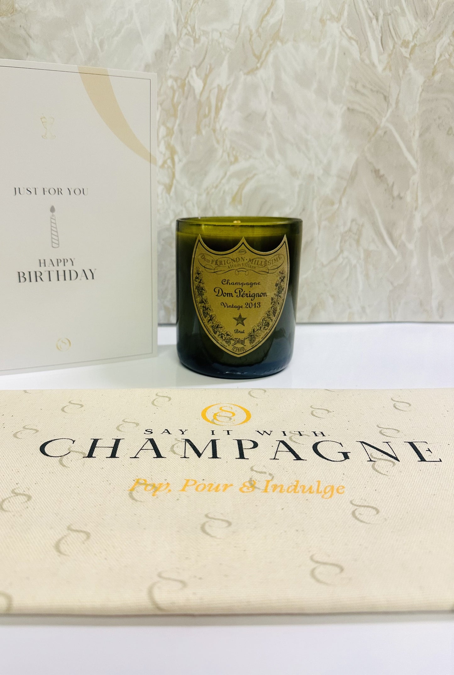 Dom Pérignon Vintage Brut Recycled Champagne bottle candle gift set