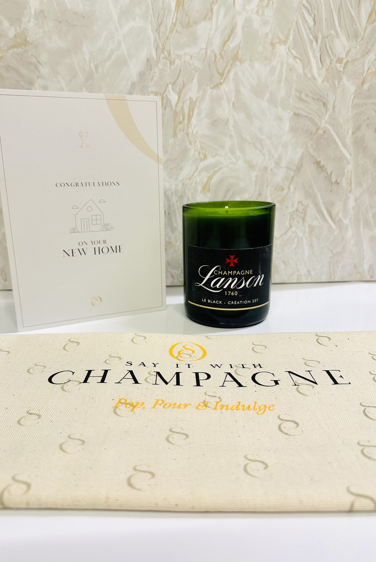 Lanson Brut Recycled Champagne bottle candle gift set