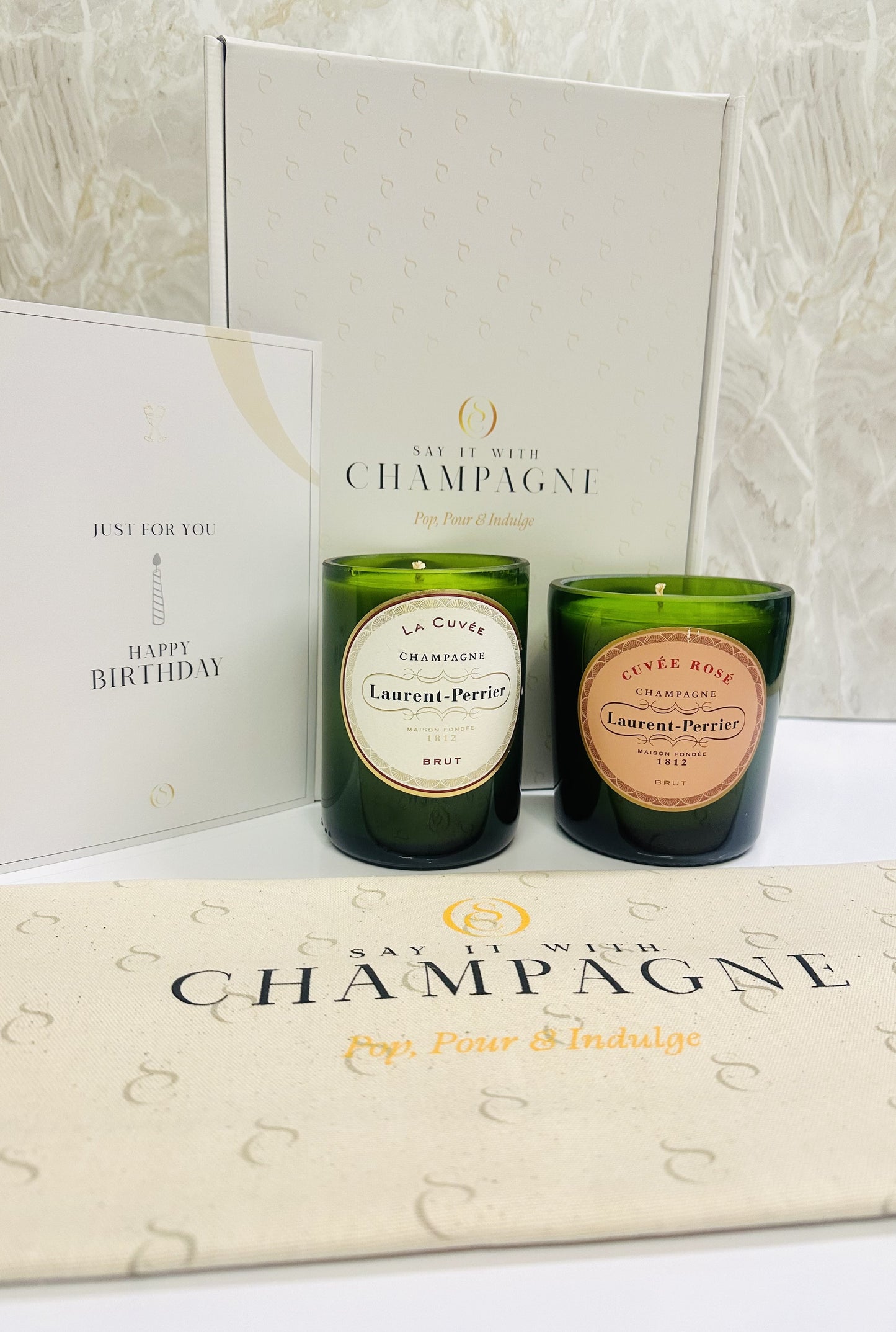 Laurent Perrier Duo Recycled Champagne bottles candle gift set