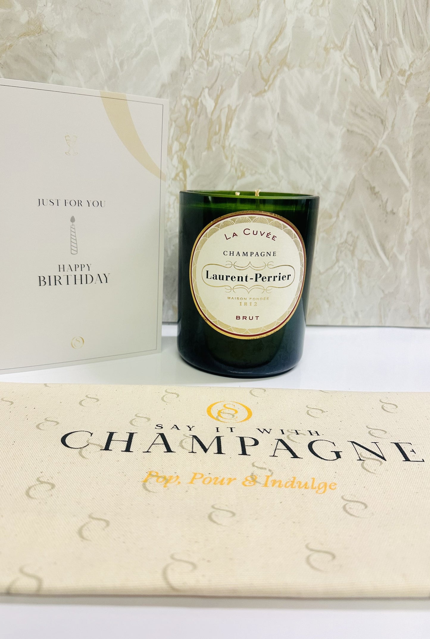 Laurent Perrier La Cuvée Brut Magnum Recycled Champagne bottle candle gift set