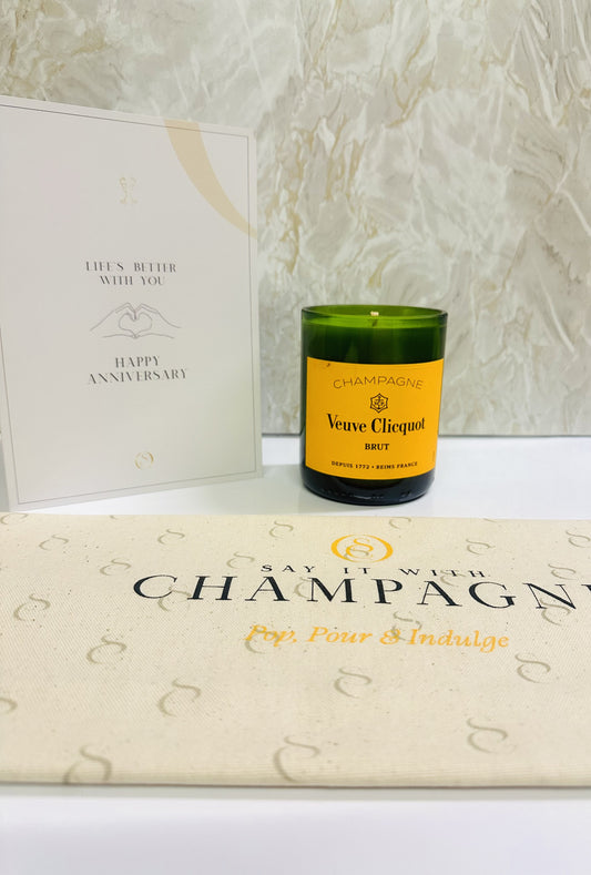 Veuve Clicquot Yellow Label Brut Recycled Champagne bottle candle gift set