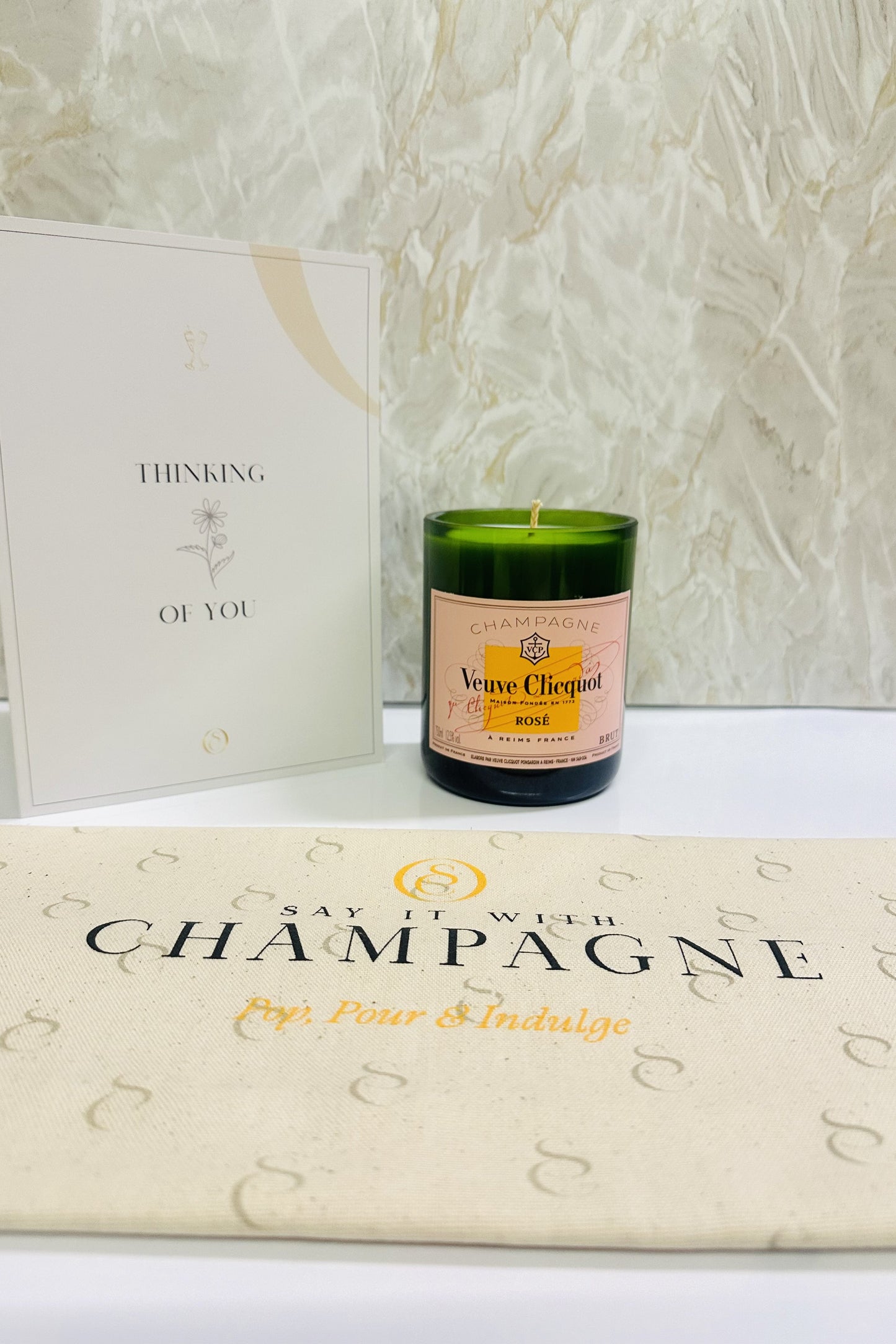 Veuve Clicquot Rosé Recycled Champagne bottle candle gift set